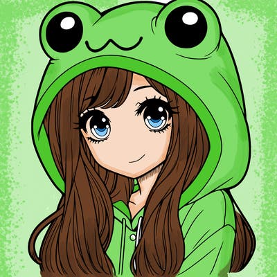 a pretty girl wearing a frog hoodie portrait with long hair