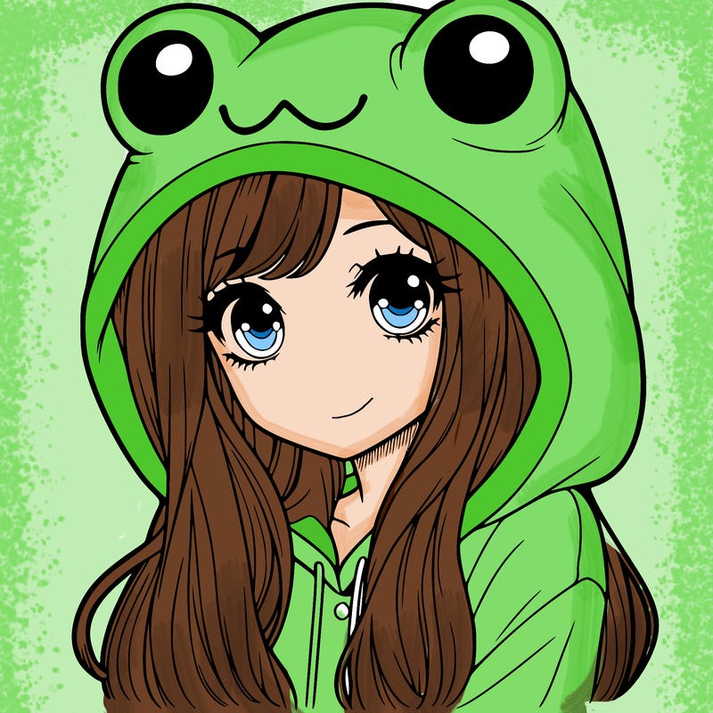 a pretty girl wearing a frog hoodie portrait with long hair