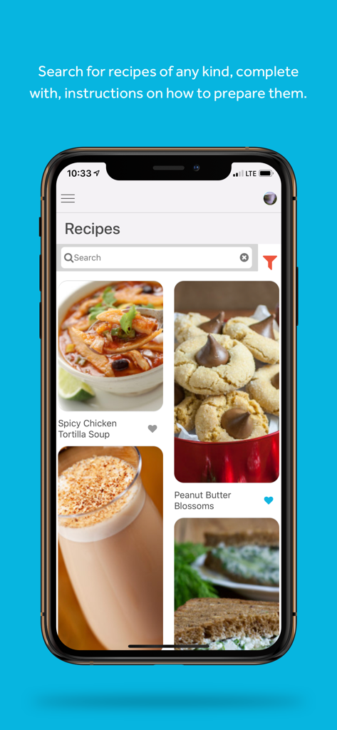 HY - Interfaz de la aplicación HY que muestra la pantalla de búsqueda de recetas con fotos de sopa de tortilla de pollo y besos de mantequilla de maní