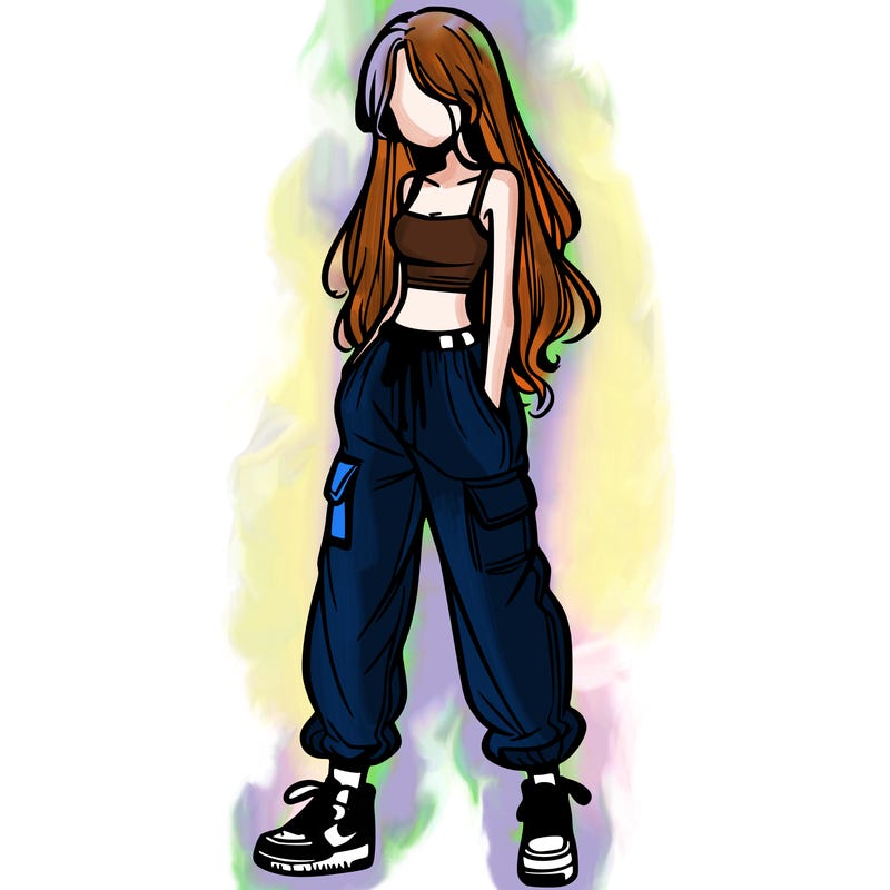 girl in baggy pants crop top and long hair