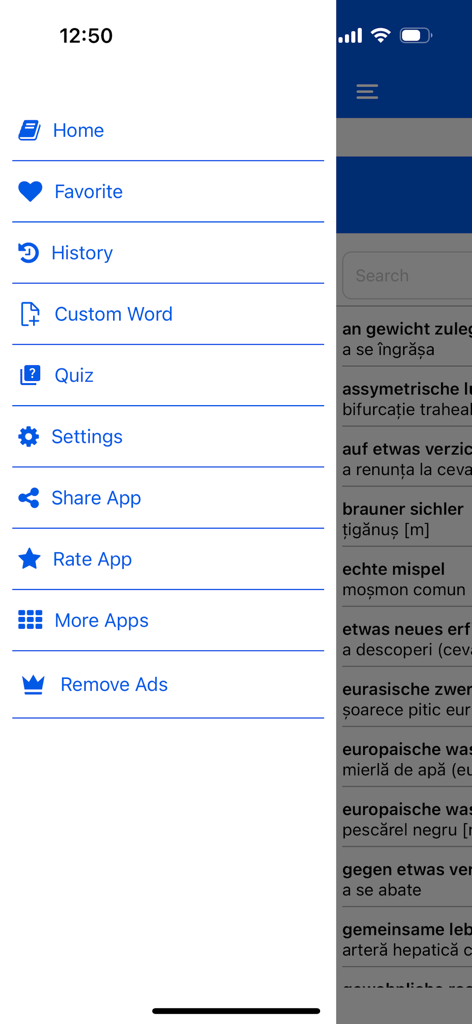 German Romanian Dictionary - Side menu of the German Romanian Dictionary app showing navigation options like Home Favorite History Quiz and Settings