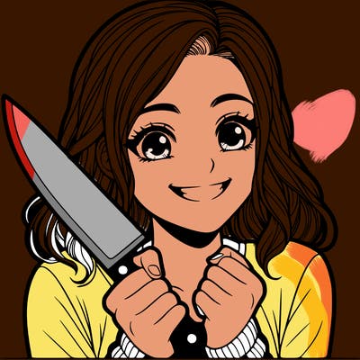 a realistic girl holding a knife and grinning