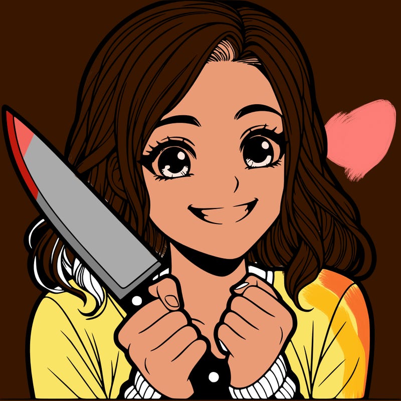 a realistic girl holding a knife and grinning