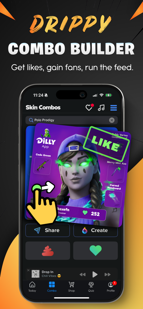 Dilly for Fortnite - A mobile app interface showing a Fortnite skin combo with options to like and share.
