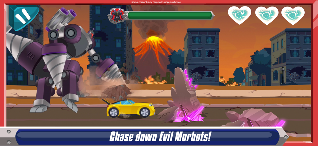 Transformers Rescue Bots: Dash - Transformers Rescue Bots Dash gameplay showing Bumblebee in car mode chasing a giant purple Morbot with a volcano in the background.
