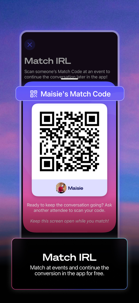 Una pantalla de código QR en la aplicación Jigsaw Dating para emparejar en persona en eventos de solteros.