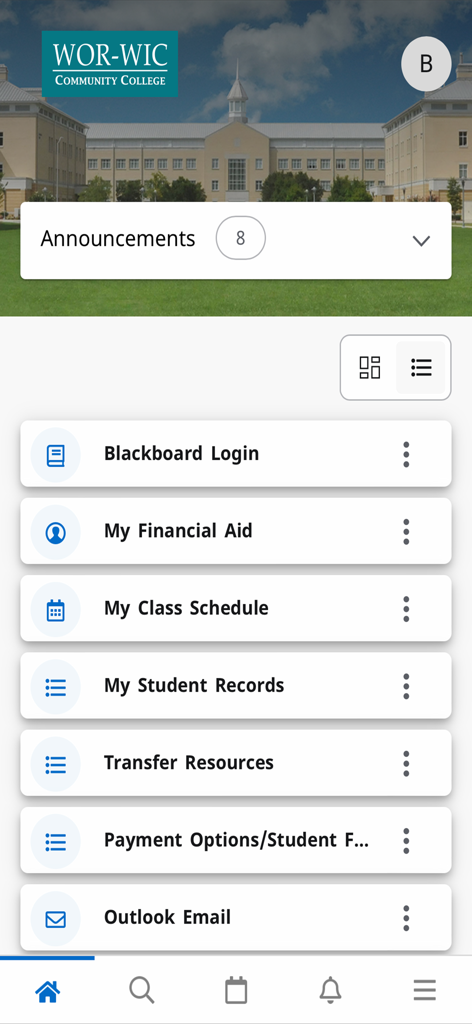 Wor-Wic Mobile - Interface do aplicativo Wor-Wic Mobile mostrando links de serviços estudantis, incluindo login no Blackboard e auxílio financeiro