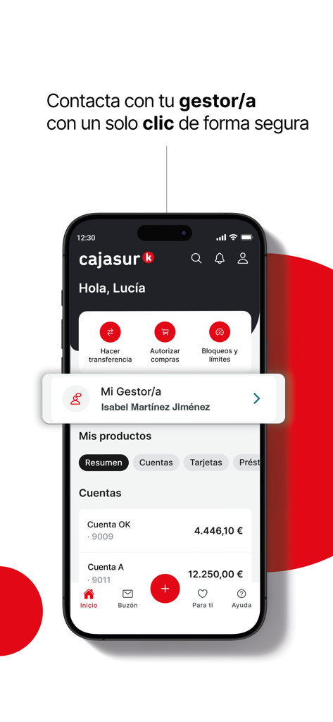 Cajasur - Panel de control de la app de banca Cajasur que muestra saldos de cuentas y un botón de contacto del gestor personal