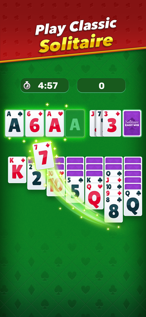 EasyWin: Solitaire & Real cash - Uma tela de jogo móvel mostrando a jogabilidade clássica de Paciência Klondike com um cronômetro e cartas em um fundo verde
