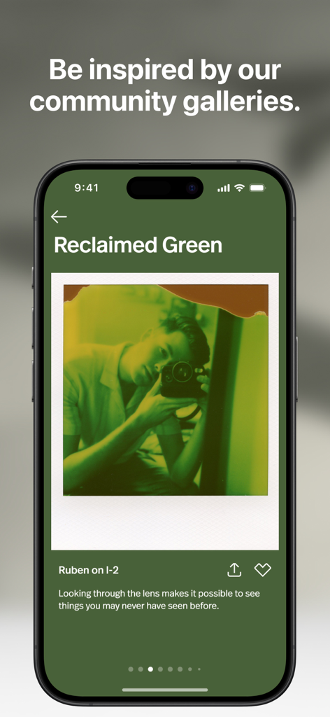 Polaroid app screen showing a green-tinted community gallery photo and descriptive text.