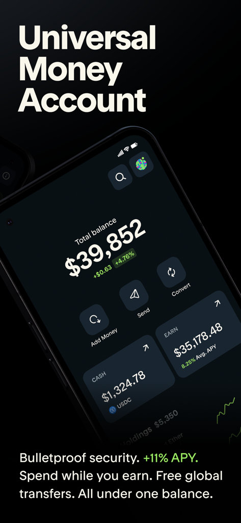 Tuyo: Speed up your money - Tuyo app dashboard displaying a total balance and USDC earnings with high APY