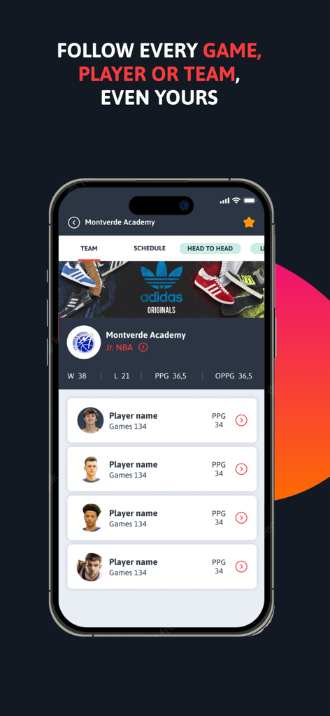 SWISH app interface displaying a basketball team roster with player names and points per game statistics.