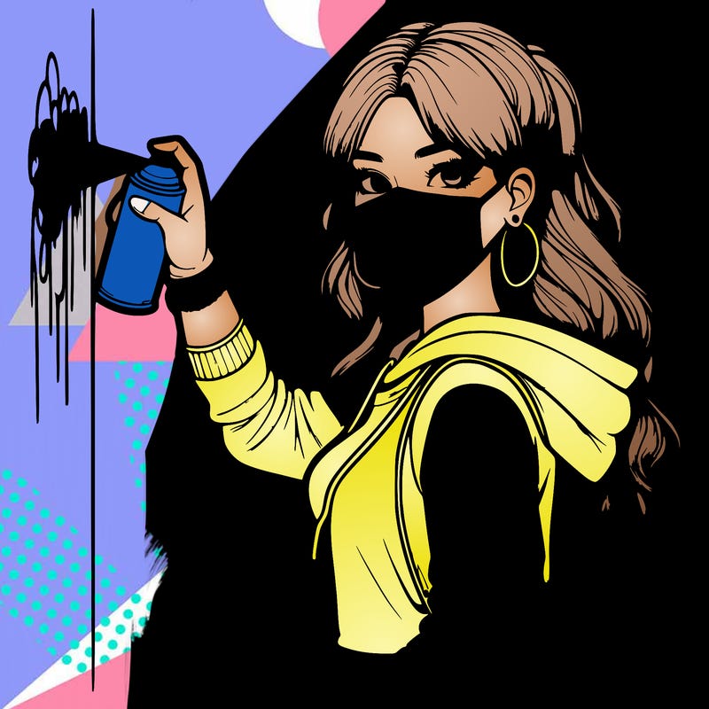 realistic girl with mask spray painting a wall