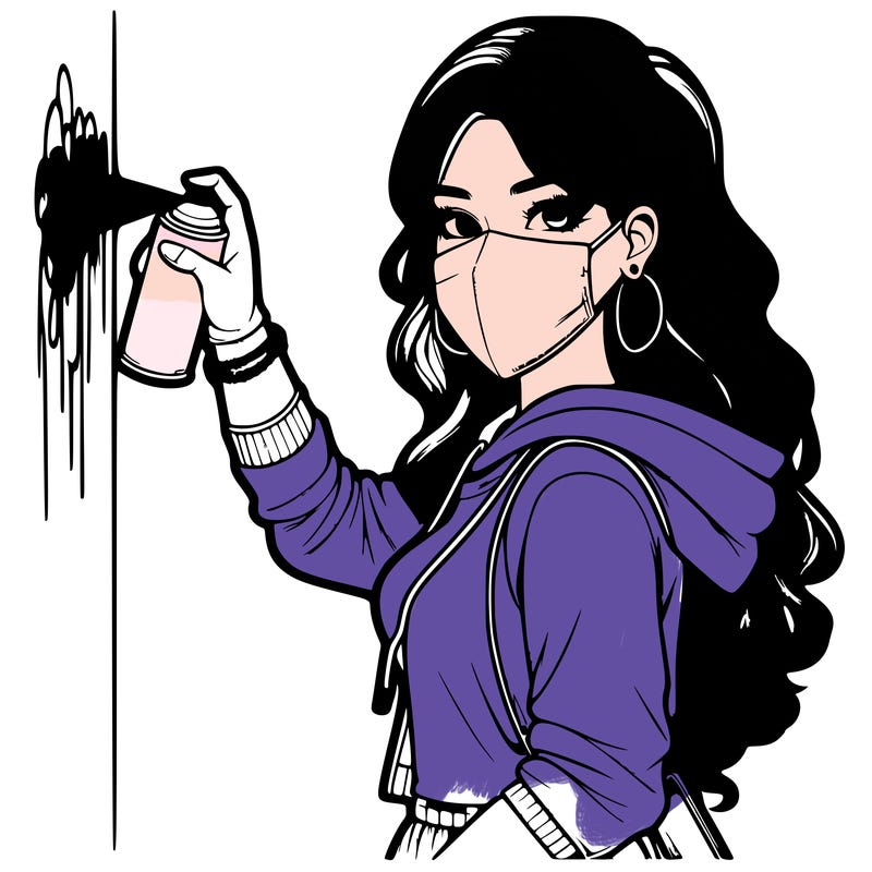 realistic girl with mask spray painting a wall