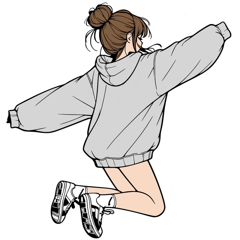 realistic girl jumping with a bun and oversized sweatshirt