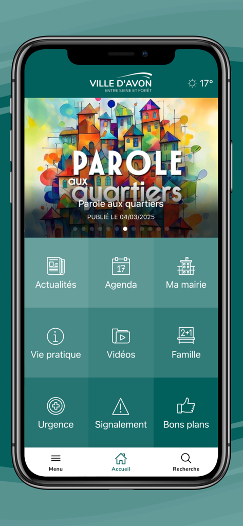 Interfaccia dell'app Ville d'Avon che mostra icone dei servizi municipali