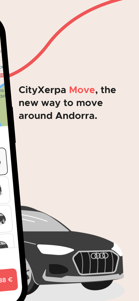Werbung für CityXerpa Move als neue Art, sich in Andorra fortzubewegen, mit einer Auto-Illustration