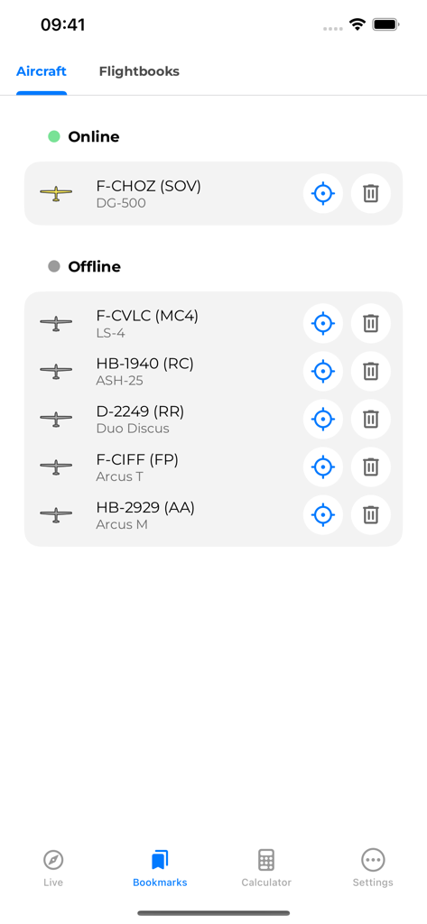 Mistral Gliders - Marcadores de aeronaves de Mistral Gliders que muestran el estado en línea y fuera de línea