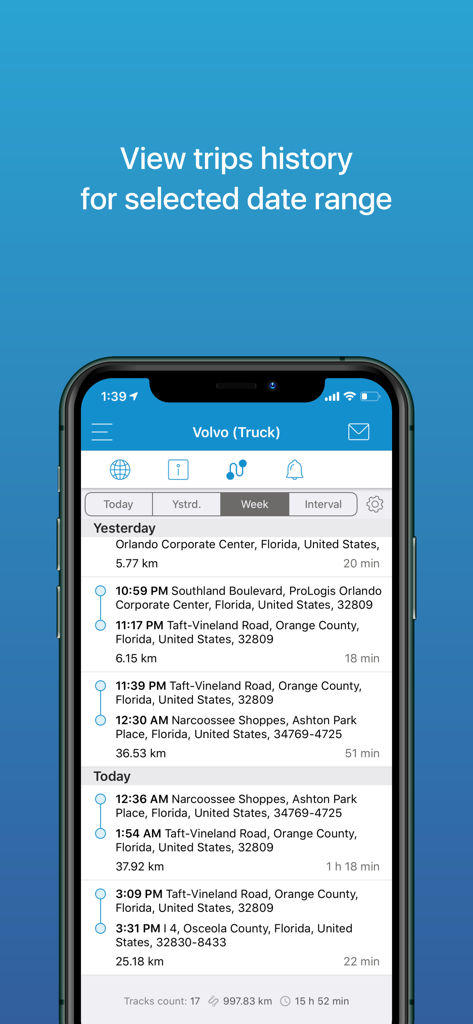 X-GPS Monitor app interface showing a detailed trip history log for a truck with locations timestamps and travel durations