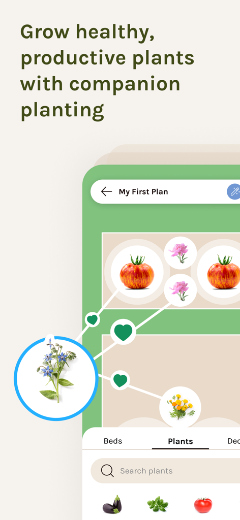 Garden Planner by Fryd - Fryd Garden Plannerアプリのコンパニオンプランティング機能で、植物の組み合わせを表示