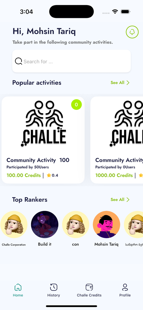 Challe Activity - Mobile app interface for Challe Activity showing popular community challenges and top rankers