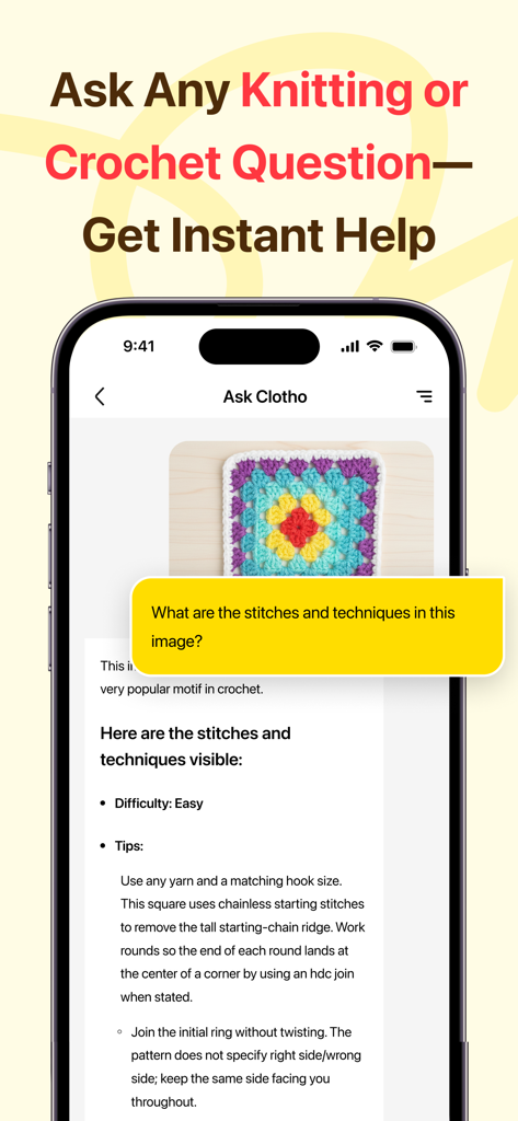 LoopCraft: Crochet & Knitting - Interface of the LoopCraft app's Ask AI feature providing instant crochet help and stitch analysis