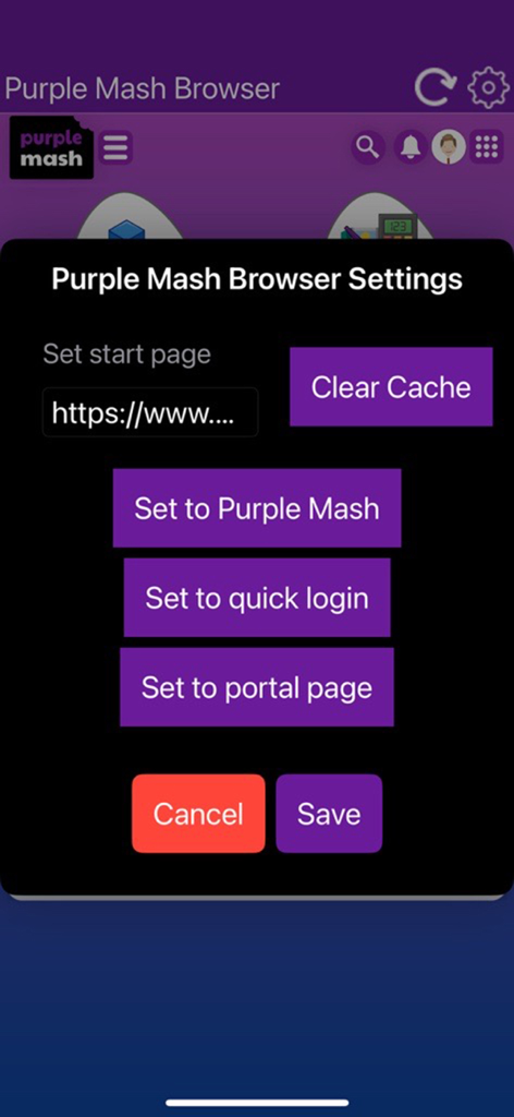 Purple Mash Browser - Settings menu of the Purple Mash Browser app showing options to set the start page and clear cache.