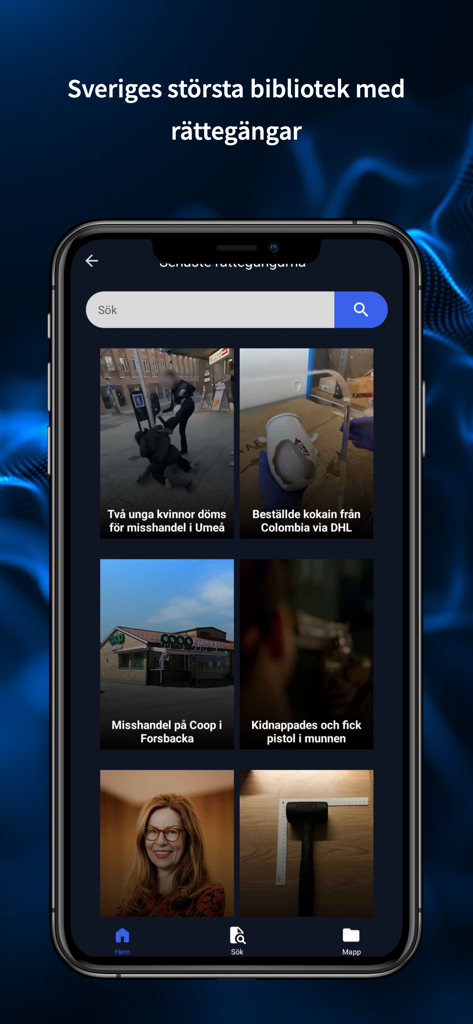 PrimeCrime - PrimeCrime app interface showing a grid of Swedish court trial audio recordings and cases.