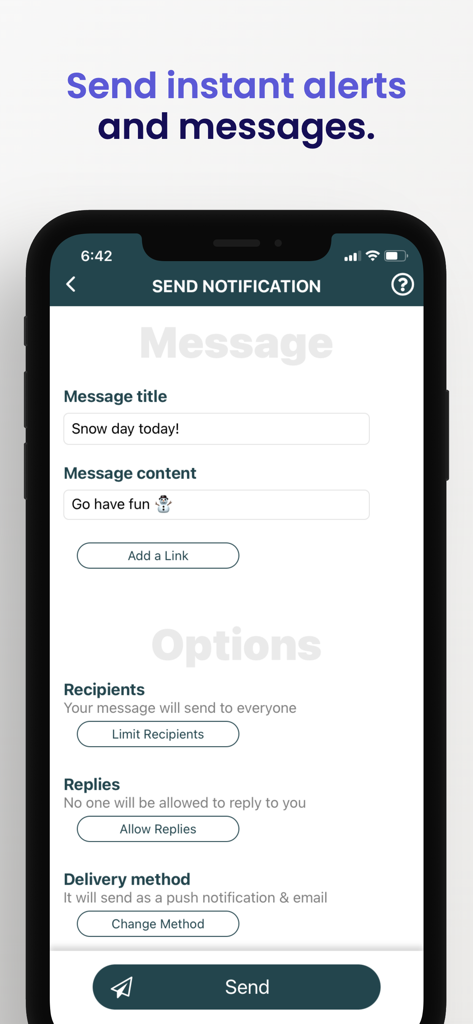 The Montessori App - A screen in The Montessori App for administrators to send instant notifications and school alerts to parents and staff.