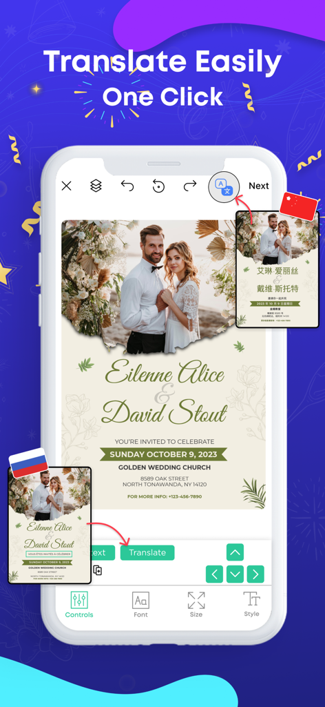 Flyer Maker · Poster Maker - Interfaz de una aplicación de creación de pósters que demuestra una función de traducción con un solo clic para una invitación de boda