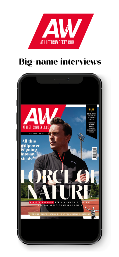 Athletics Weekly Magazine - Smartphone displaying the Athletics Weekly magazine cover with an athlete interview feature.