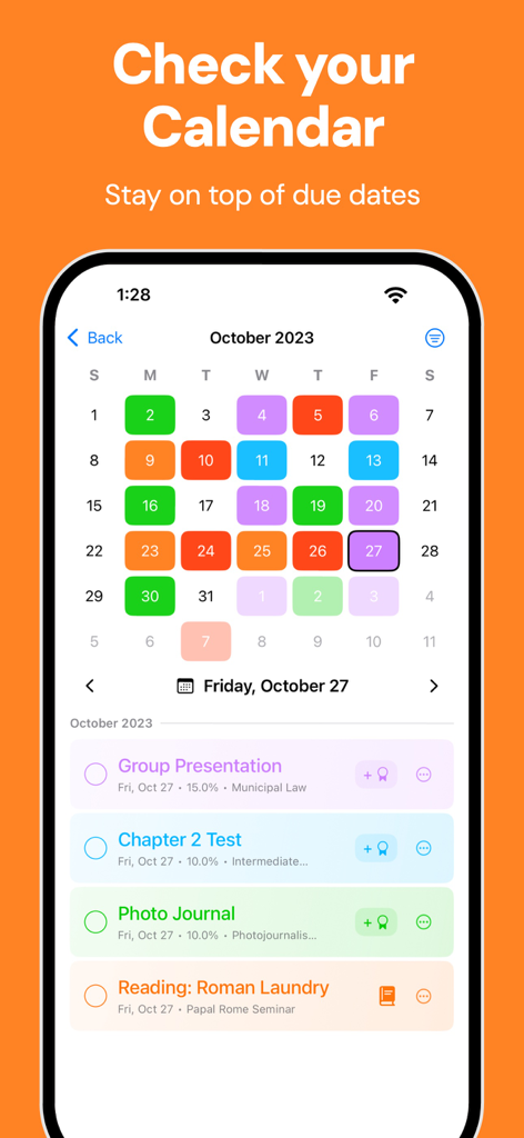 Fouro: Track Grades, GPA - Monthly calendar view in the Fouro app showing academic deadlines and assignment list