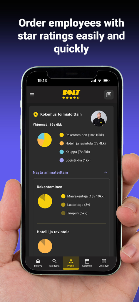 A smartphone displaying the Bolt.Works app interface showing a worker's professional experience profile and star ratings.