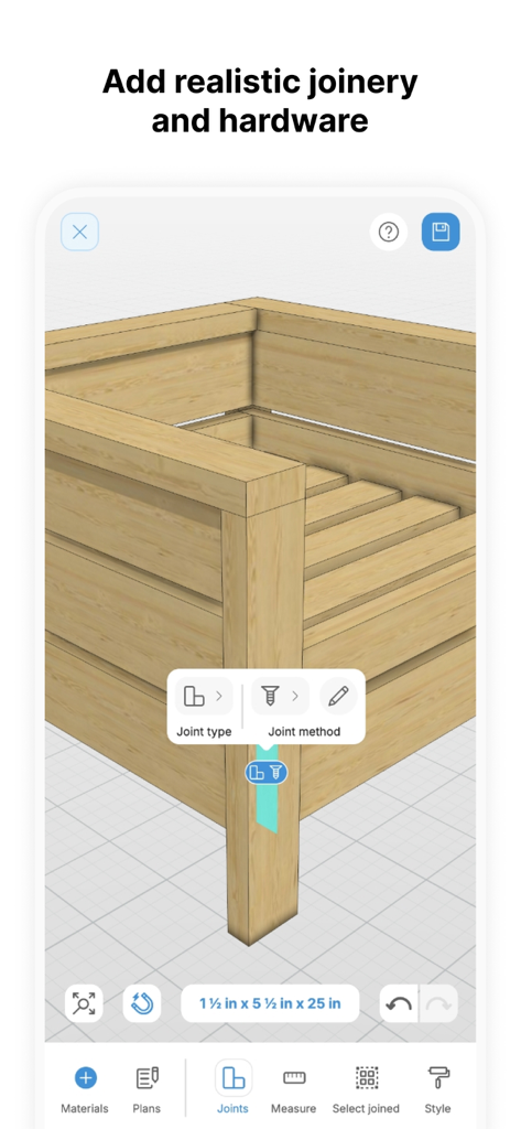 A 3D wooden furniture model in the MakeByMe app showing realistic joinery and hardware selection options.
