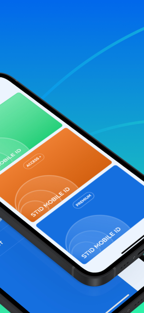 STid Mobile ID app interface showing a digital wallet with colorful access cards for secure identification