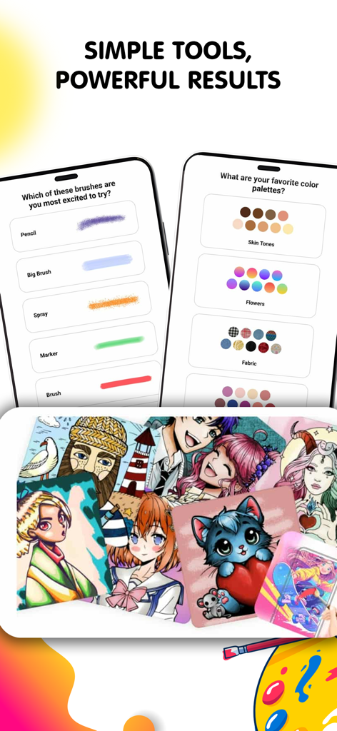 Pop Color: Painting & Coloring - Interface de aplicativo de pintura digital mostrando várias ferramentas de pincel, paletas de cores e páginas para colorir de anime e animais finalizadas