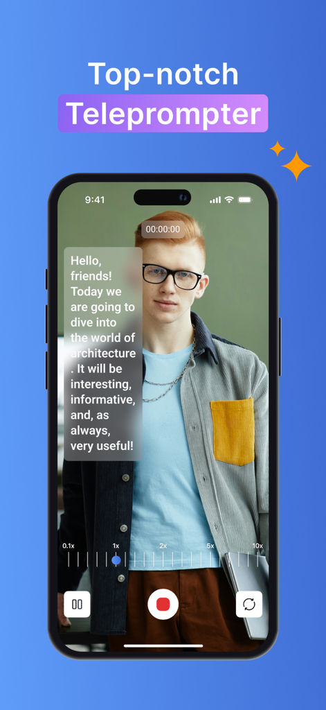 Teleprompter For Video - Pro - Interface of the Teleprompter For Video app showing a scrolling script over a live video recording on an iPhone
