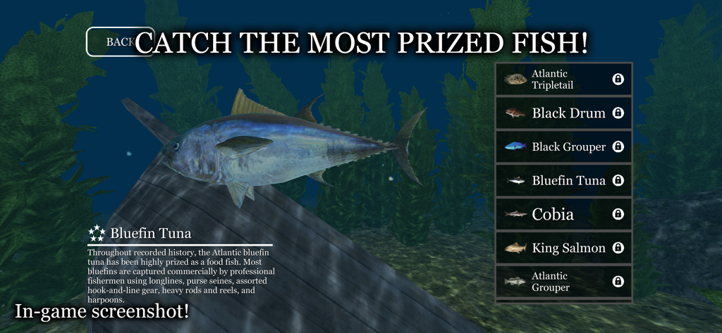 An underwater view of a Bluefin Tuna with a menu listing other prized fish species available to catch in the uCaptain simulator.