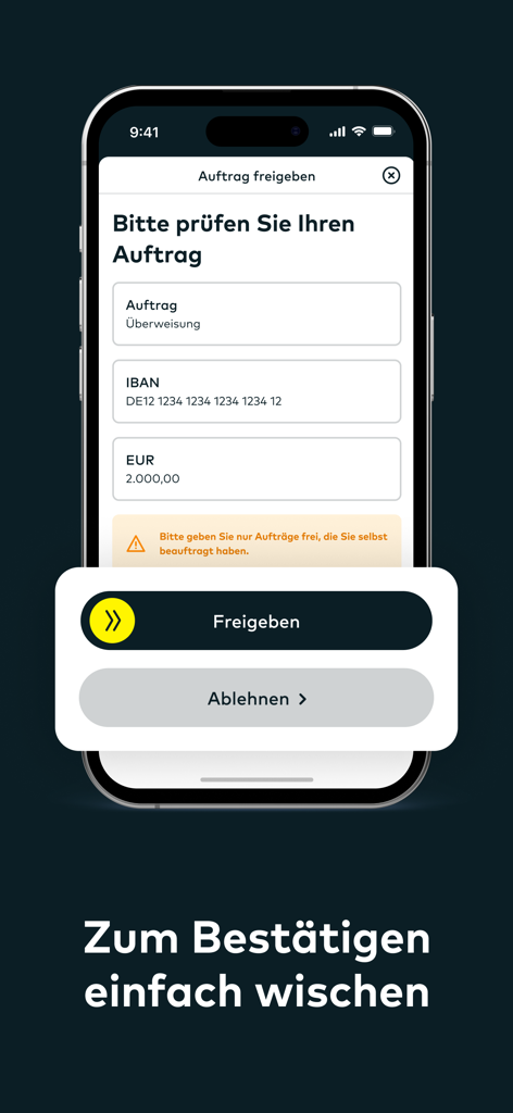 Interface of the comdirect photoTAN app showing a swipe button to authorize a 2000 Euro bank transfer.