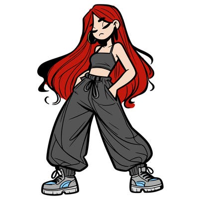 girl in baggy pants crop top and long hair