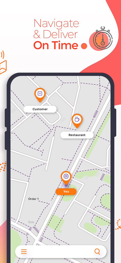 beU Rider - A smartphone displaying the beU Rider app map interface with pins for the restaurant, customer, and driver locations for food delivery navigation.