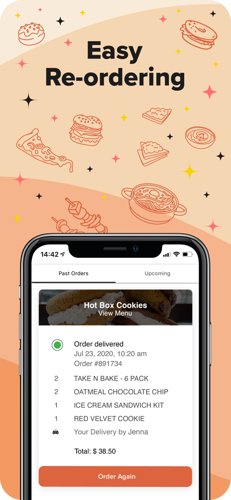 We Deliver! - We Deliver App-Oberfläche, die einfaches Nachbestellen aus früheren Bestellungen zeigt.