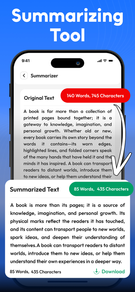 Paraphrase Tool - Humanize Ai - Interface of the Summarizing Tool app showing original text compared with a condensed summarized version