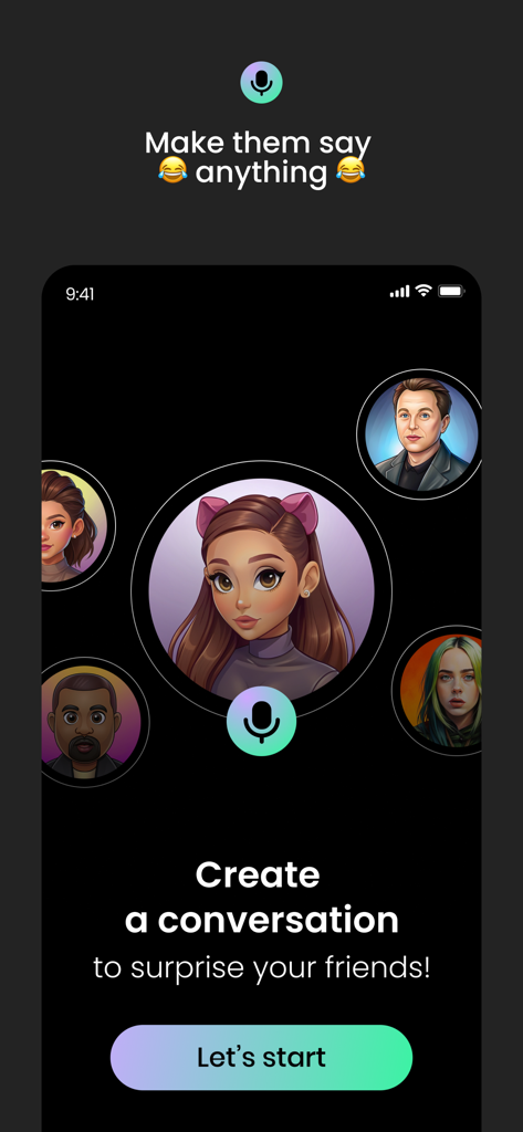 Voicify - Audio Chat Creator - Voicify mobile app interface with celebrity avatars and start button