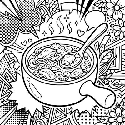 Warm up with this unique chicken soup coloring page, reimagined in a vibrant Pop Art style. Enjoy bringing bold outlines and dynamic halftone patterns to life with your favorite colors.