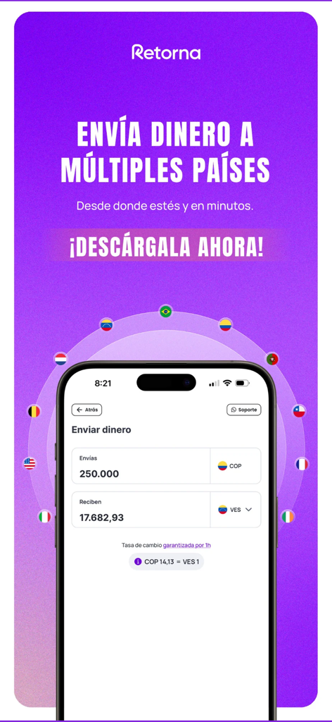 Retorna: envía dinero seguro - Interfaz de la aplicación móvil Retorna mostrando transferencia internacional de dinero de Colombia a Venezuela