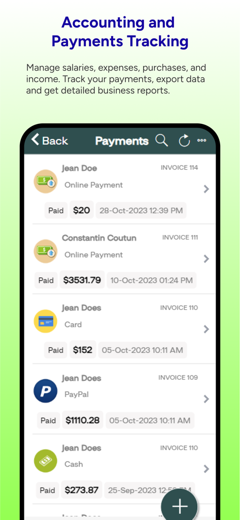 ARI (Auto Repair Software) - Accounting and payments tracking interface in the ARI auto repair app showing paid invoices for various clients.