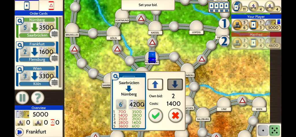Auf Achse Board Game - Gameplay screen of Auf Achse board game featuring a map of European cities and a freight order bidding window.