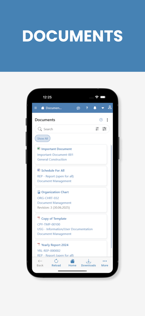 Omega 365 - Omega 365 mobile interface displaying a list of project documents and reports