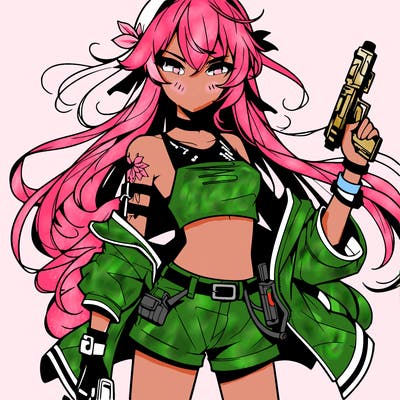 bad girl wearing crop top holding a gun long hair anime
